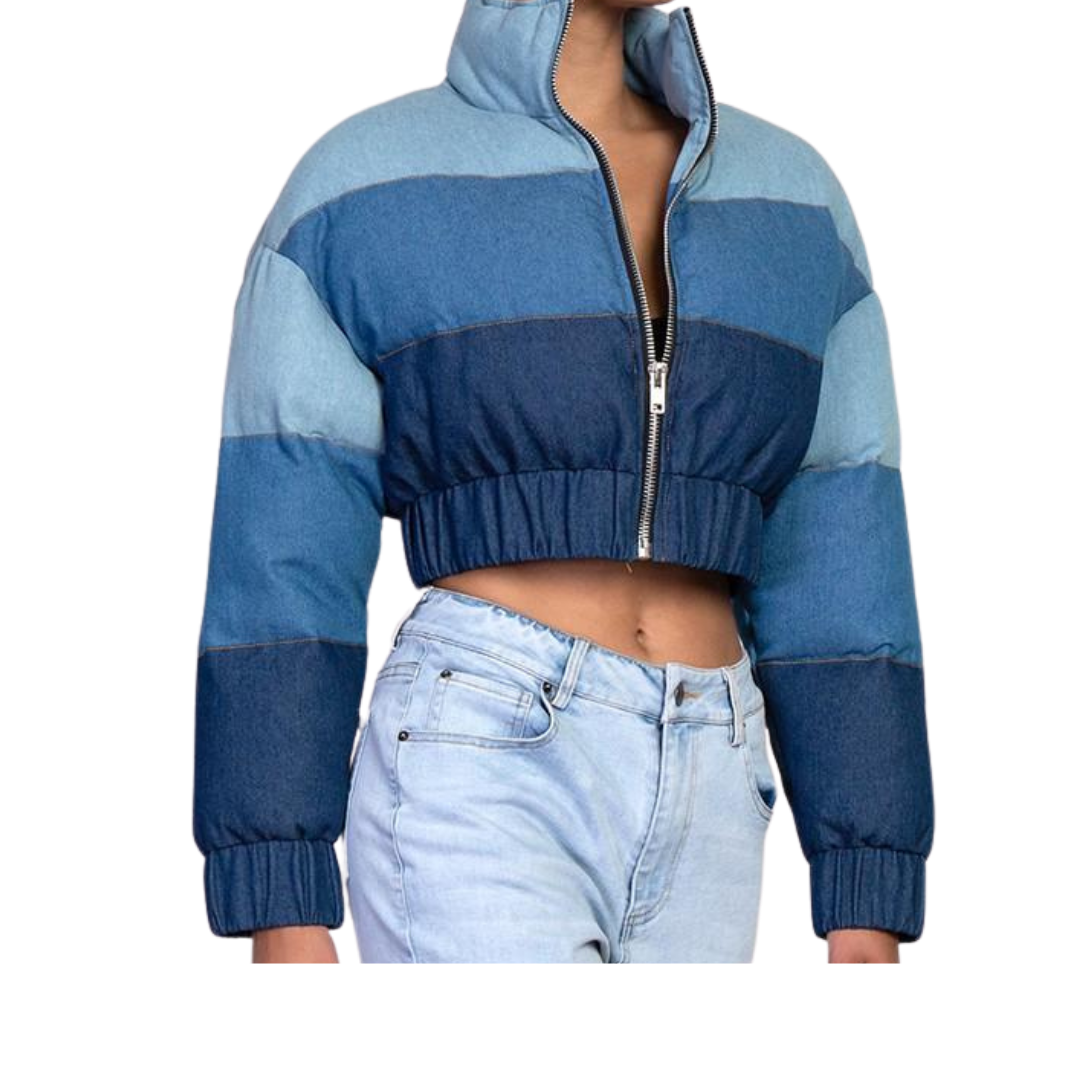 Colorblock Denim Puffer Jacket (Blue)
